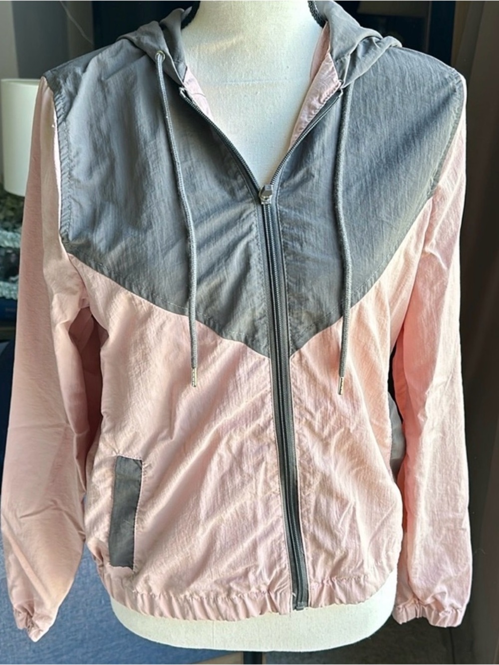 Ashley Colorblock Hooded Windbreaker Jacket Pink Gray Full Zip Small S